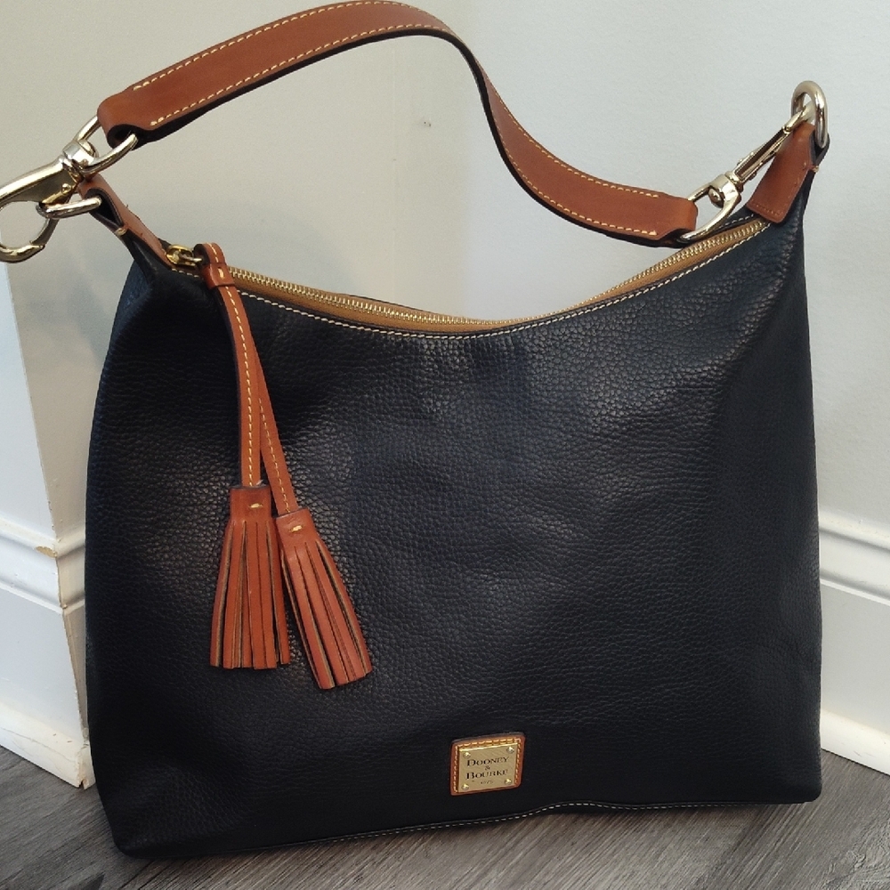 Dooney & Bourke Black and Brown Leather Hobo Bag with Tassels